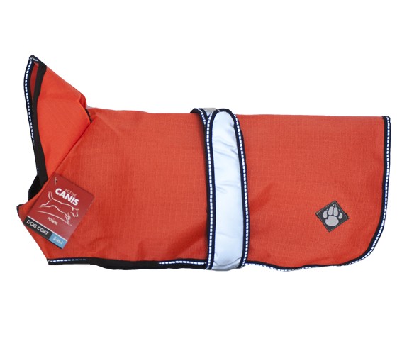 Ljusorange hundrock med vit kant och en logotyp med tassavtryck mot en vit bakgrund.