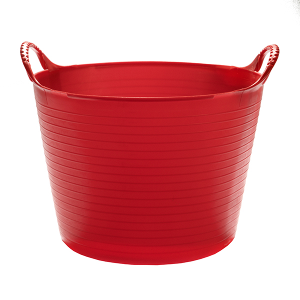 Flexikorg SMALL 14L RÖD, klarröd balja med två handtag, visas på vit bakgrund.