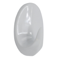 Självhäftande väggkrok i vit plast med slät, oval form och en enda böjd krok.