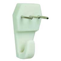 Vit väggkrok med två metallstift för montering.