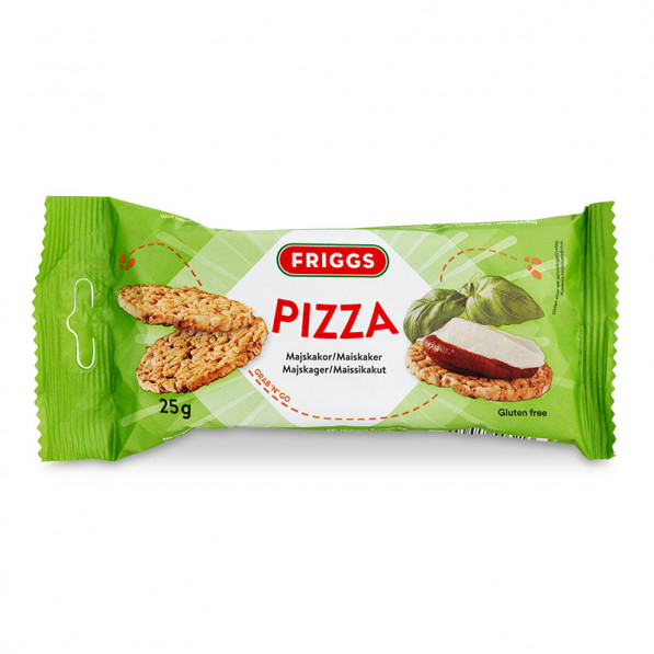 Snackpack Pizza, 25g förpackning med basilika och tomat illustration.