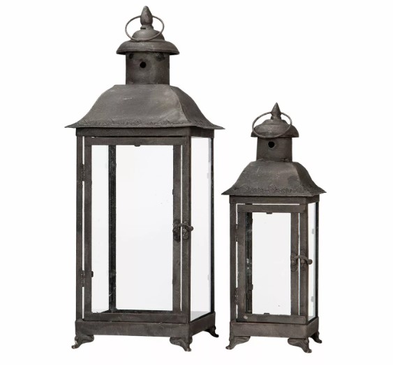Lykta Shine Metall set/2: två lanternor i vintagestil, hög och kort, med glaspaneler.