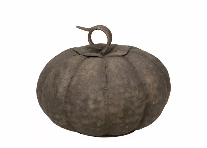Rund, mörkgrå "Pumpa Metall 24,5x19cm" med böjd stjälk mot vit bakgrund.
