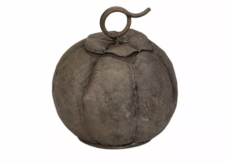 Rund pumpaskulptur i mörk metall med lockig stjälk, Pumpa Metall 10x11,5cm.