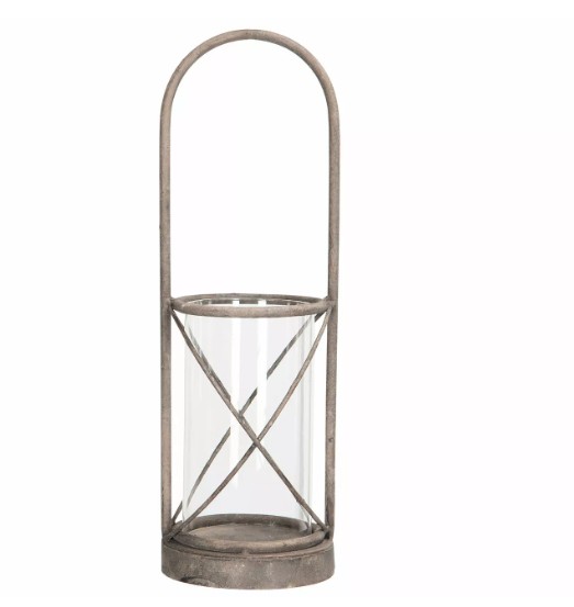Ljuslykta Sofi Metall: Lykta i metall och glas med handtag och korslagda sidor.