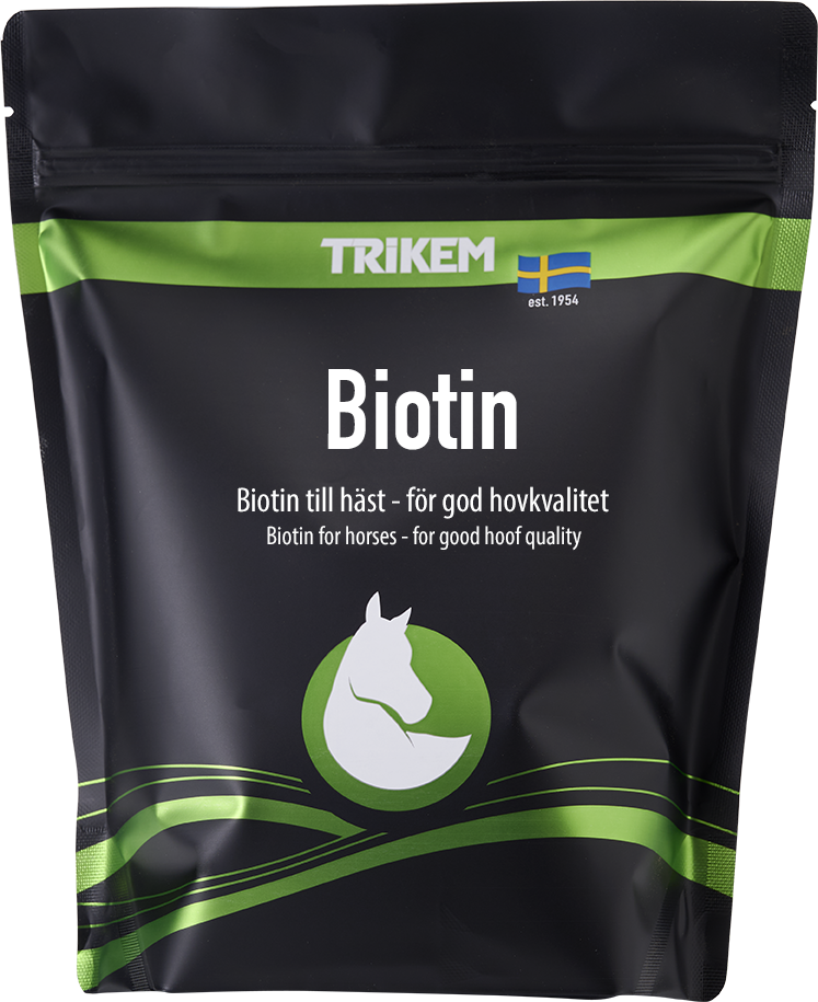 Svart och grön Trikem Biotin 1000 g påse för hästar, med en hästsilhuett.
