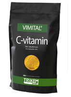 Svart VIMITAL C-Vitaminpåse med grön och guldfärgad etikett, tillverkad av Trikem.