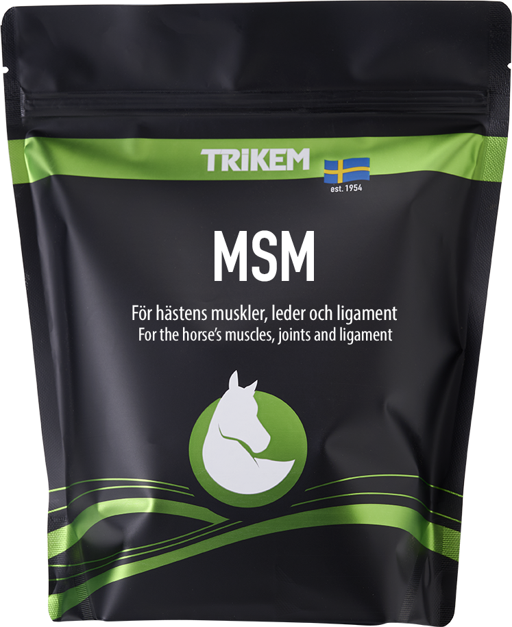 Svart Trikem MSM 1000g för hästar, med svensk flagga och gröna accenter.