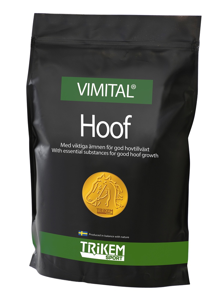 Svart påse märkt VIMITAL Hoof 1000 gr med hästemblem i guld och text om hovtillväxt.