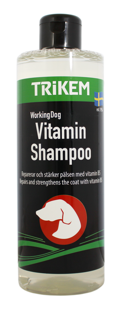 Genomskinlig flaska WorkingDog Vitamin Shampoo 500 ml med svart etikett och hundsymbol.