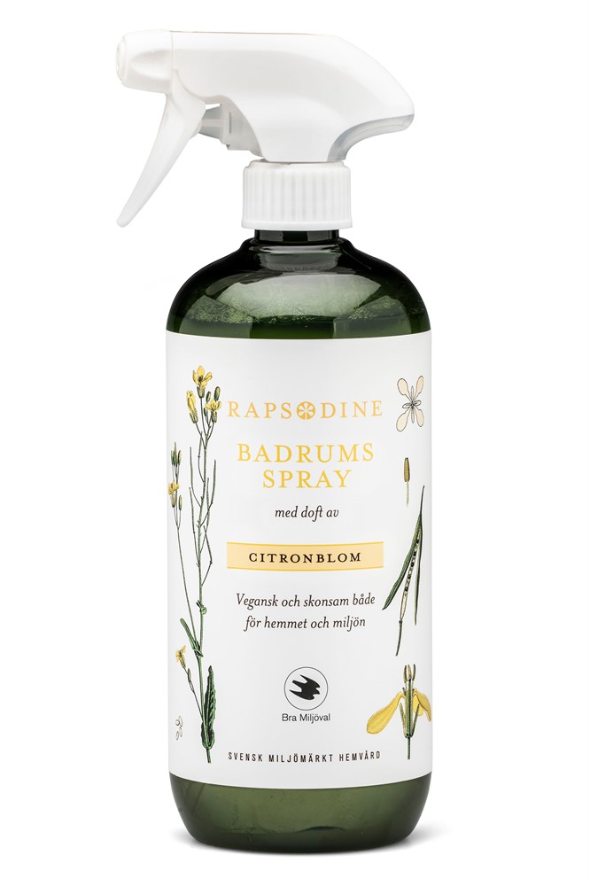 Grön flaska Badrumsspray 750ml med vitt spraylock och blomsterillustrationer.