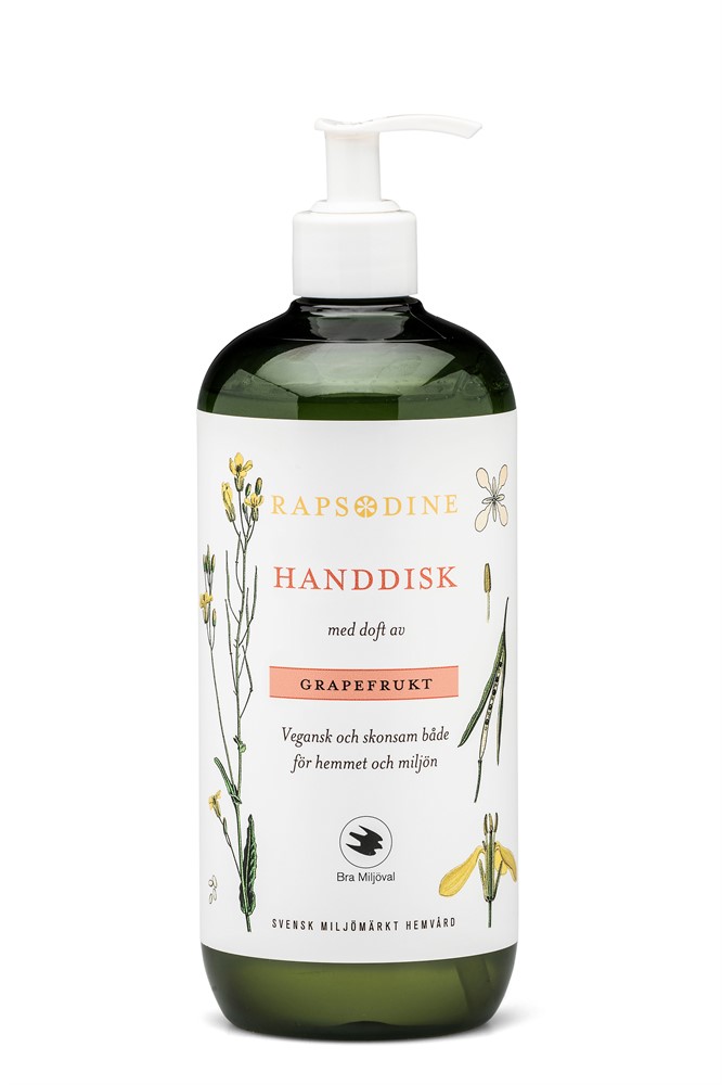 Handdisk 750 ml diskmedel med grapefruktdoft och blomsterillustrationer på flaskan.