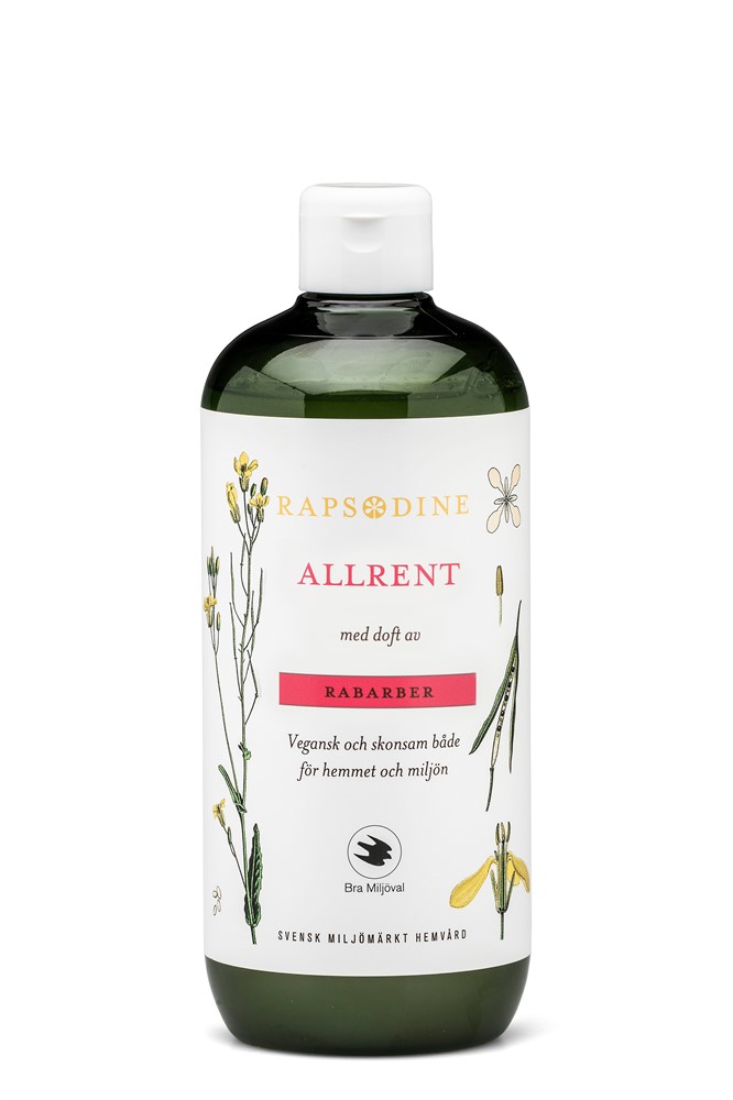 En flaska Allrent flaska 750ml, ett allrengöringsmedel med rabarberdoft och blommig design.