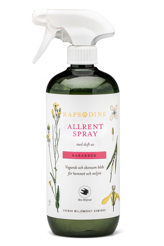 Grön flaska märkt Allrentspray flaska 750ml med botaniska illustrationer och svensk text.