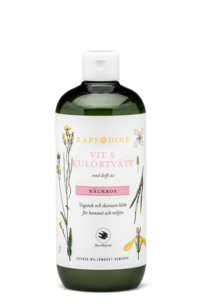 En 750 ml flaska Vit & kulörtvätt tvättmedel med blomsterillustrationer.