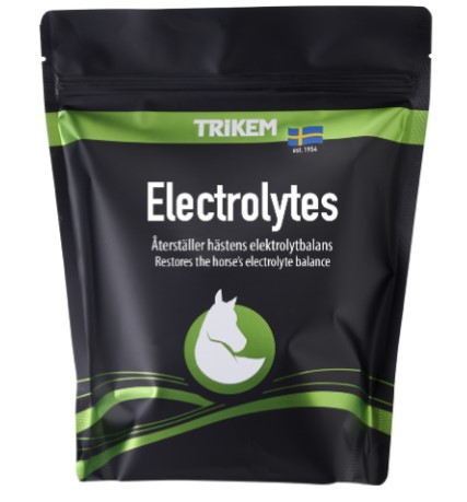Svart och grön Trikem Electrolytes 1500 g för hästar, med hästsymbol och svensk flagga.