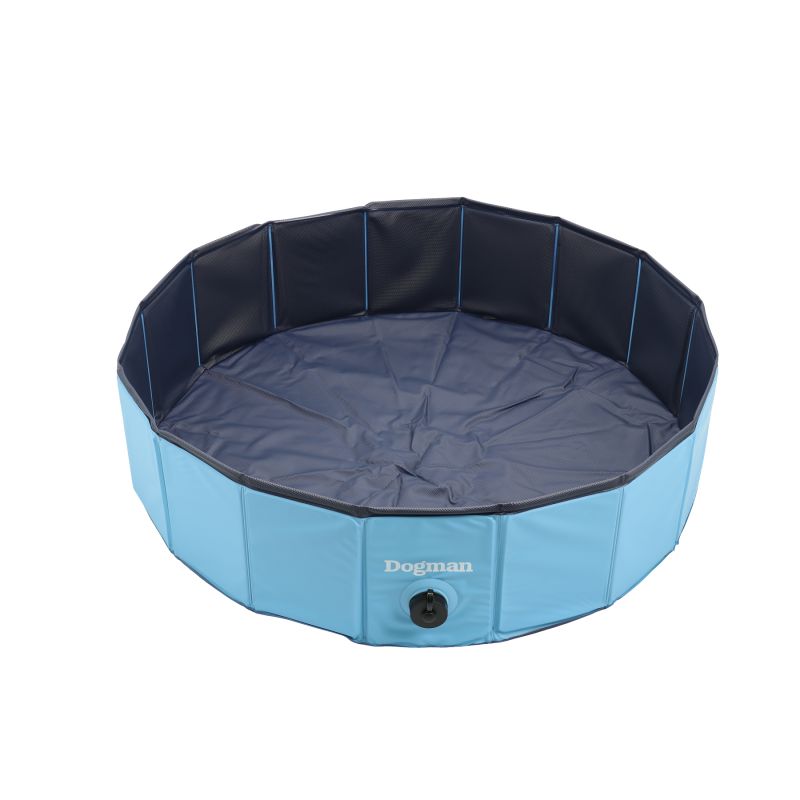 Dogman Pool Plask Blå 80 cm, hopfällbar blå och svart hundpool med logo på sidan.