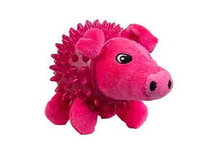 Pritax Taggis rosa: rosa plyschgrisleksak med spetsig gummikärna, mot vit bakgrund.