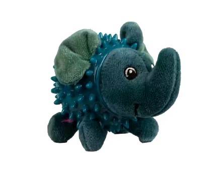 Pritax Taggis turkos plyschelefantleksak med strukturerad, taggig kropp och gröna öron.