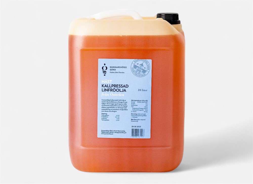 Stor 10L LINFRÖOLJA HÄST ORIGINAL med vit etikett och svart lock.