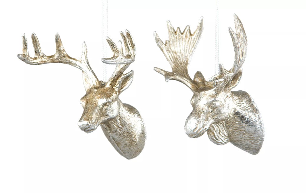 Hjort/Älghuvud Häng Champagne 12-13cm ornament med horn, mot en vit bakgrund.