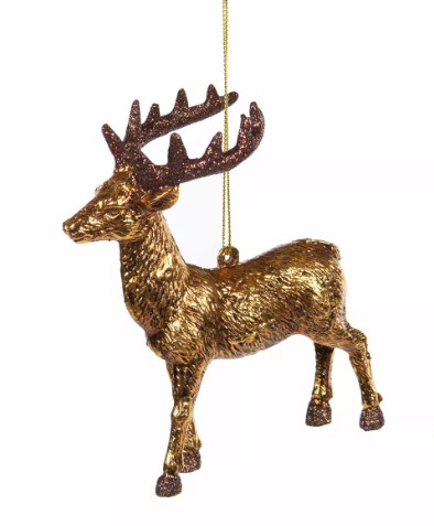 Hjort Häng Guld 10,5x12,5cm prydnad med glittrande horn och guldsnöre.