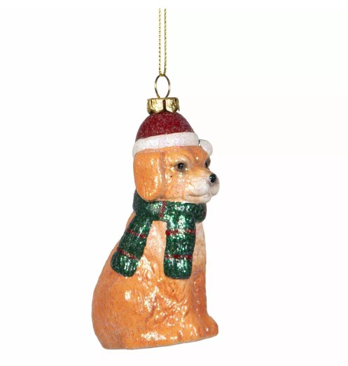 Hund Med Tomteluva Hänge, orange hund med tomteluva och grön halsduk, 5x6x11,5cm.