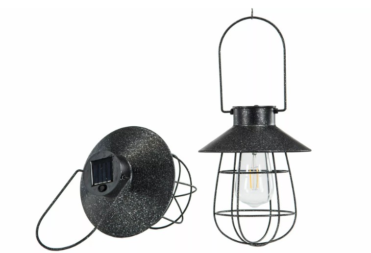 Två Lampa/Solcell Häng Svart Ant sollyktor med svart trådbur och synlig glödlampa.