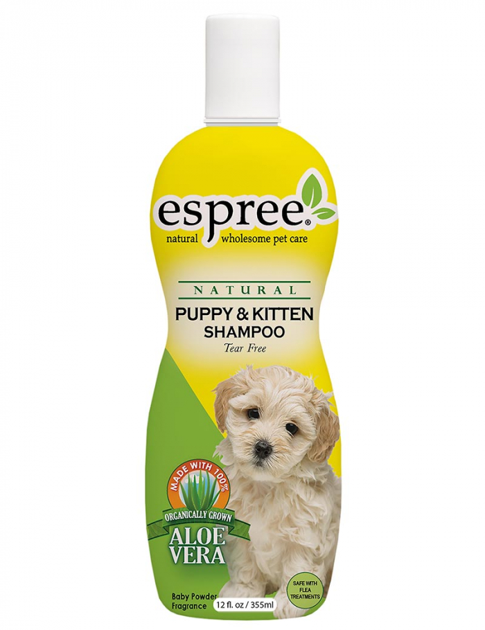 Puppy & Kitten Schampoo 355 ml flaska med en valpbild och aloe vera-etikett.