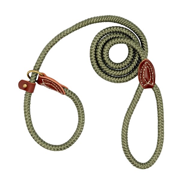 Grönt hundkoppel av flätat rep med läderdetaljer och mässingsring, upprullat mot vit bakgrund.