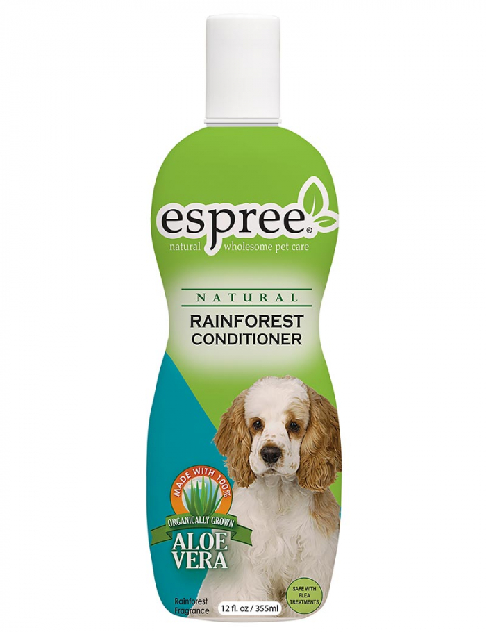 Rainforest Conditioner för hundar med en hund avbildad på etiketten.