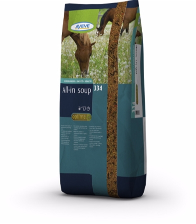 Påse Aveve All-in Soup 334 hästfoder med en häst som äter gräs avbildad på förpackningen.