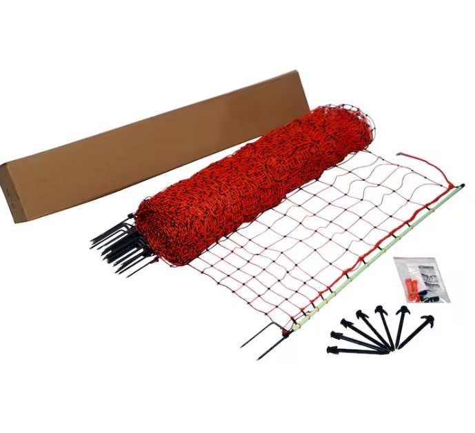 Elnät höns & smådjur 112 cm, 50 m, med pålar, ankare och en brun pappkartong.