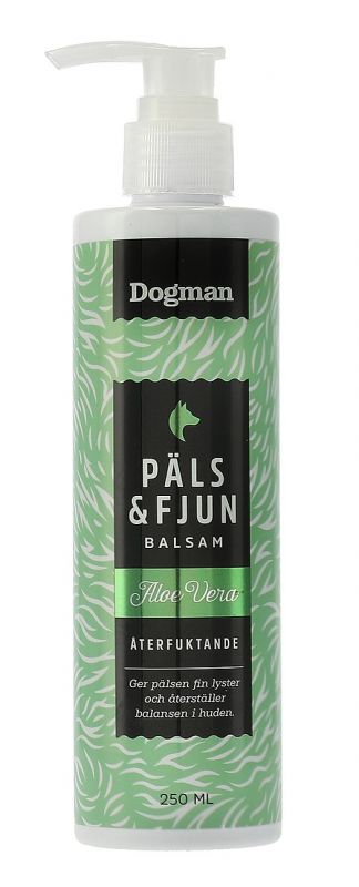 Dogman Balsam Päls o Fjun Aloe Vera, 250 ml, grönvit flaska med balsam för husdjur.