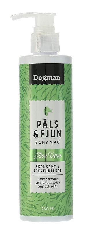 Dogman Schampo Päls o Fjun Aloe Vera 250ml med pump i en grönvit flaska.
