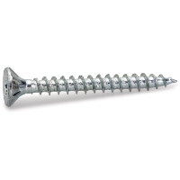 TRÄSKRUV TFT 4,0X30 FZB SB silverfärgad skruv med platt huvud och spetsig spets på vit bakgrund.