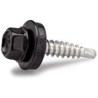 A FARMARSKRUV ÖL 4,8X20 SV sexkantskruv av metall med svart bricka och spetsig spets.