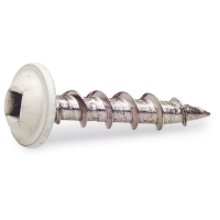 En närbild av en FÖNSTERBLSKRUV 3,5x25 metallskruv med ett runt vitt huvud och vass spets.