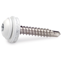 VATTBRÄDSSKRUV 4,2X25 RF VIT skruv med vit bricka, mot vit bakgrund.