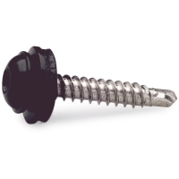 En närbild av en VATTBRÄDSSKRUV 4,2X25 RF SVART metallskruv med svart sexkantsbricka.