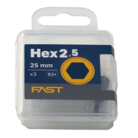 Liten låda märkt BITS 2,5MM HEX 25MM 3-P FAST med gul sexkantssymbol på framsidan.