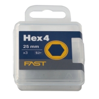 Plastlåda märkt BITS 4MM HEX 25MM 3-P FAST, gul sexkantssymbol på framsidan.