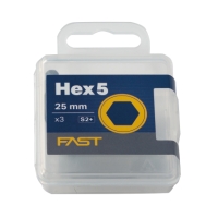 BITS 5MM HEX 25MM 3-P FAST i en plastlåda med en gul sexkant märkt FAST.