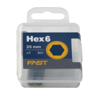 BITS 6MM HEX 25MM, förpackning med 3 st fästelement i plastlåda.