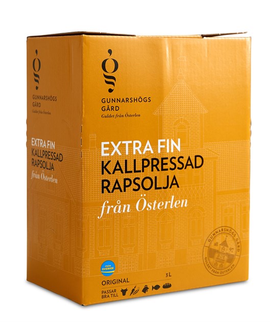 Gul låda med Rapsolja 3 L bag-in-box, extra fin kallpressad rapsolja.