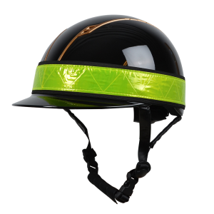 HJÄLMREFLEX NEONGUL/SVART: Svart hjälm med blank yta och neongult reflexband.