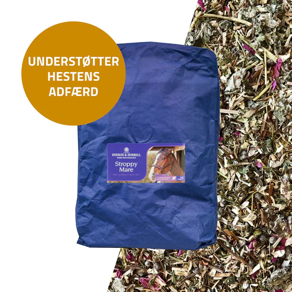 En blå 5 kg Stroppy Mare Mix-påse med torkade örter och en dansk textbubbla.
