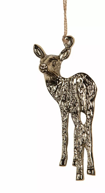 Guld Metallhänge Rådjur 4,5x10,5cm prydnad hängande mot en vit bakgrund.