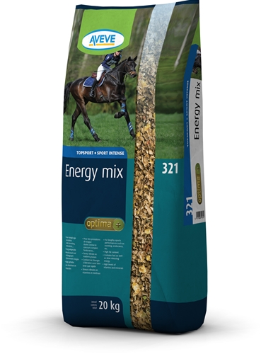 Aveve 321 Energy Mix 20 kg hästfoderpåse med en ryttare som hoppar över en häst.