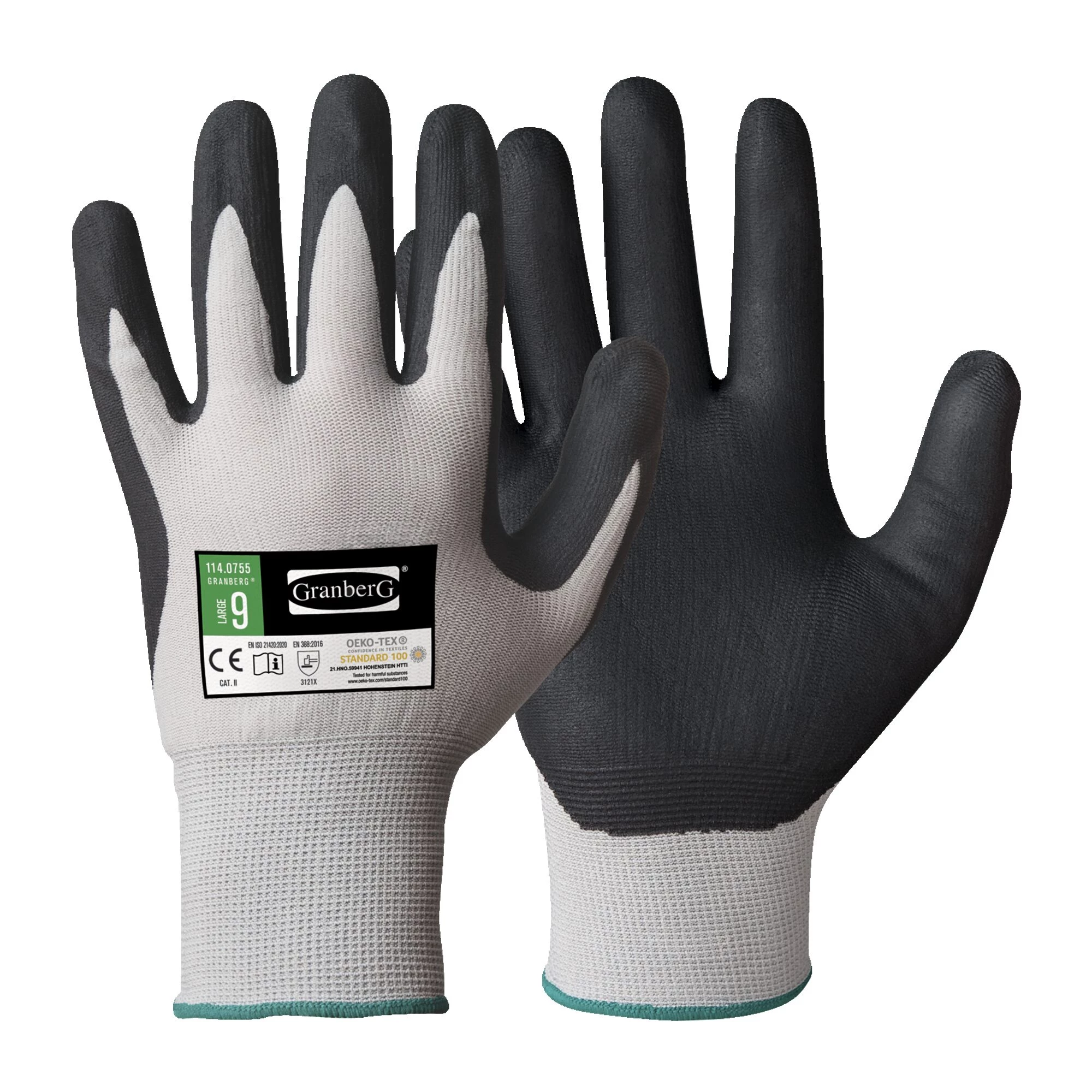 Par grå Granberg handske montering 11 handskar med svarta handflator och logga på ena baksidan.